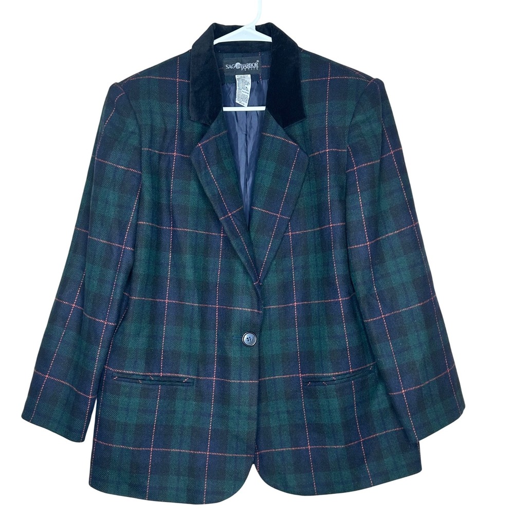 Sag Harbor‎ VTG Petite SZ 14 Plaid Blazer Green Wool Blend Velvet Collar Career